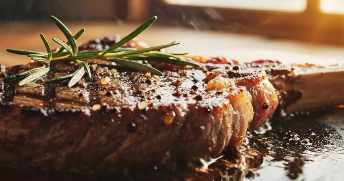 Macro shot of grilled tomahawk steak topped with fresh rosemary. Juicy, tender meat and grill marks captured in delicious detail. 4K Video 60 fps