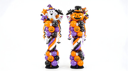 Naklejka premium Two halloween balloon columns with ghost and pumpkin toppers isolated on white background