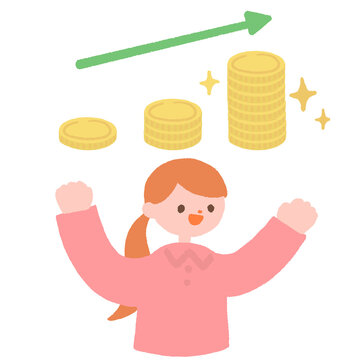 お金やコインが増えて喜ぶ女性のイラスト