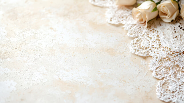 Romantic vintage background featuring delicate lace and soft cream roses creates warm and inviting atmosphere