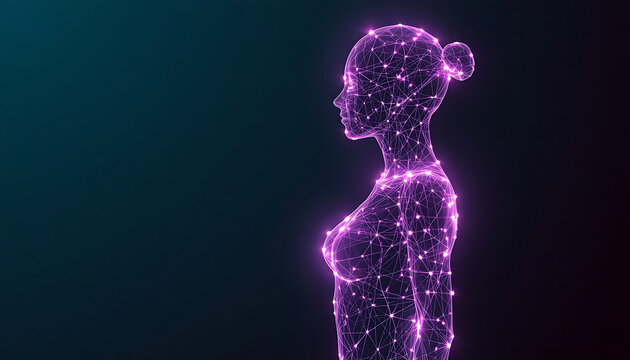The image shows a digital wireframe silhouette of a woman&rsquo;s upper body formed by glowing purple and magenta nodes connected by thin lines