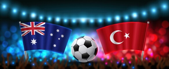 Fototapeta premium In a lively stadium filled with enthusiastic fans, Australian and Turkish flags highlight an exciting global soccer event.