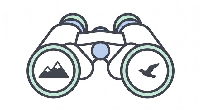 Flat line illustration of binoculars showing a mountain and a bird inside the lenses on a white background, birdwatching and outdoor hobby icon