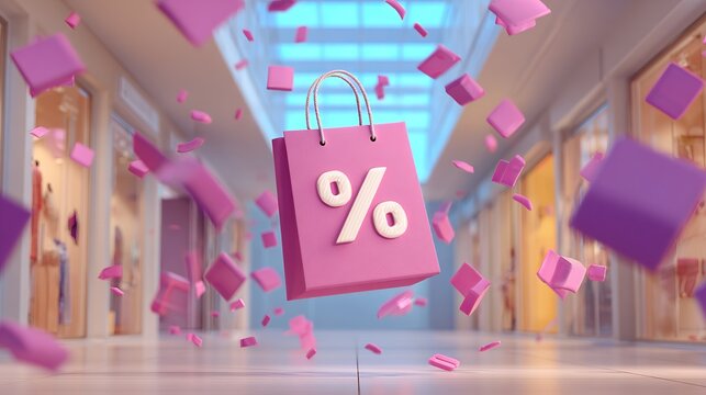 Pink shopping bag with discount symbol floats amid purple cubes, representing sales and retail promotions in a modern mall
