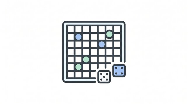 Flat line illustration of a grid board game with two dice on a white background, tabletop game and strategy hobby icon