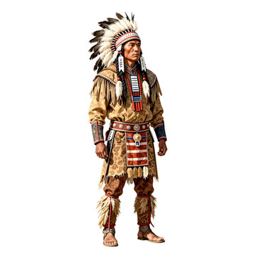 Native american man in traditional headdress and attire standing against a white background