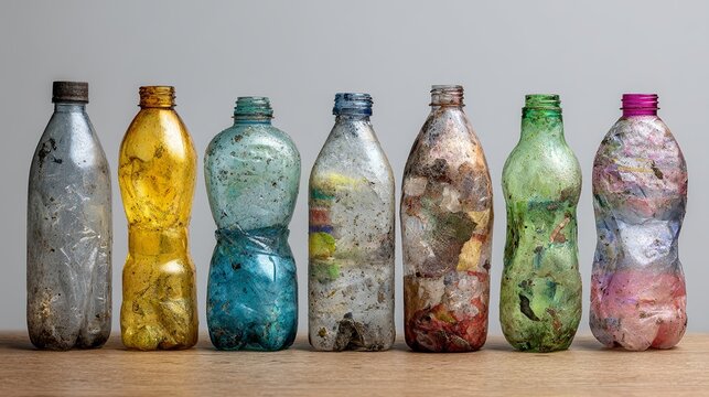 Recycled plastic bottles arranged in a row, representing sustainability, waste reduction, and eco-friendly business practices