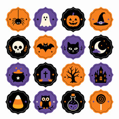 Fototapeta premium A collection of colorful Halloween themed icons arranged in a grid on a white background.