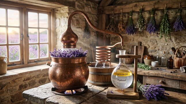 Copper Alembic Still Distilling Organic Lavender Flowers into Essential Oil
