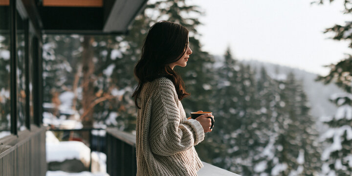A woman enjoying a hot drink on a balcony with a snowy mountain and forest backdrop. She is wearing a cozy sweater and looking out at the serene winter landscape