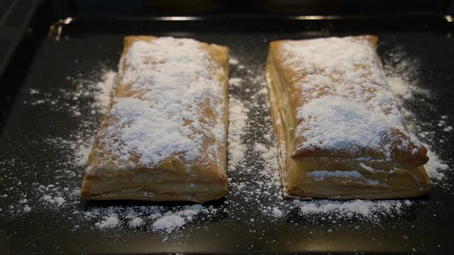 Freshly baked flaky puff pastry with powdered sugar on a dark baking tray.
