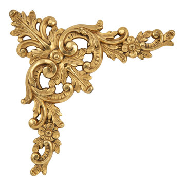 Ornate gold corner molding with acanthus leaf and floral scrollwork isolated on a transparent background