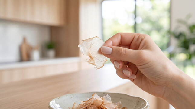 キッチンで削り節をつまむ女性の手元と和風の出汁素材