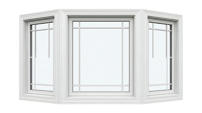 White Wooden Bay Window Frame With Glass Panes And Detailed Architectural Millwork Isolated Transparent Background