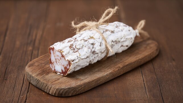 Thick French saucisson with natural white mold tied with twine on rustic wooden board