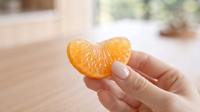 むいた皮のないみかんの一房を指で持ち上げる女性の手元