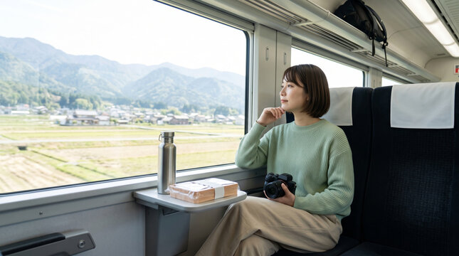 電車の車窓から風景を眺めて一人旅を楽しむ女性