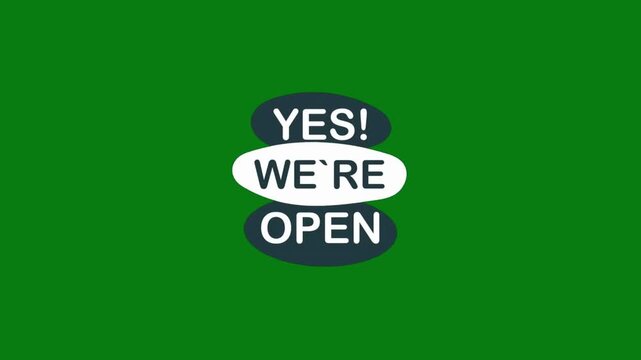 Animated open sign graphic rotating and inverting on green screen background for business reopening announcement