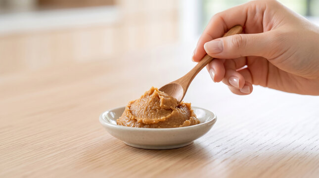 木の匙で小皿から味噌をすくう女性の手元と明るいキッチン