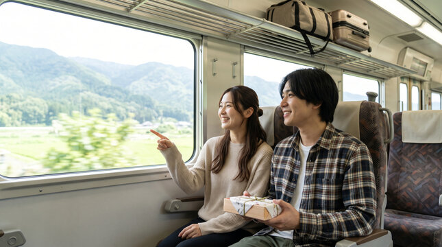 特急列車の車内で車窓の風景を眺めながら旅行を楽しむカップル