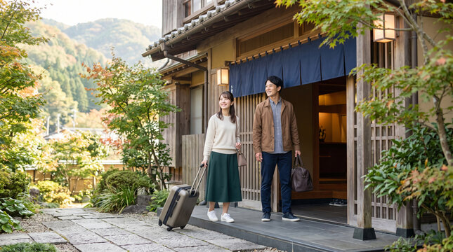 温泉旅館の玄関に到着して笑顔を見せる若い男女カップルの旅行風景