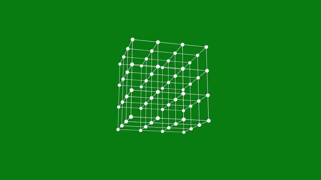 Rotating 3d wireframe cube with glowing vertices on solid green background