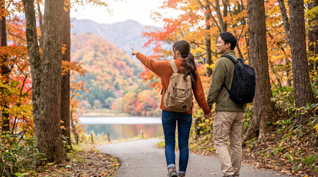秋の紅葉に包まれた山並みを楽しそうに指差すハイキング中のカップル