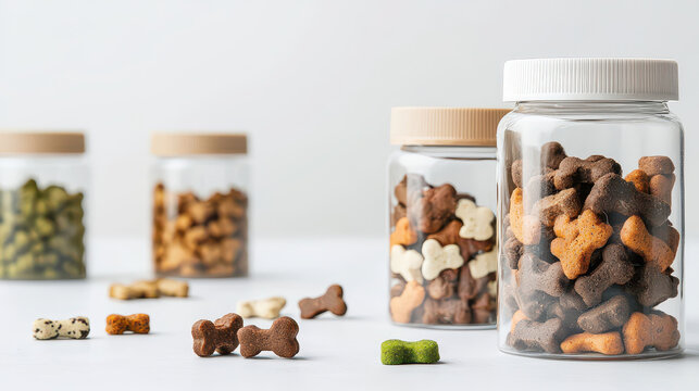 Delicious dog treats in clear jars showcase variety of colors and shapes, creating inviting display for pet lovers