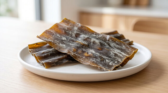 白皿にのせた料理用の乾燥昆布