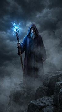 Old wizard in a dark hooded robe holding a glowing magic staff with blue lightning energy surrounded by fog, epic fantasy character portrait