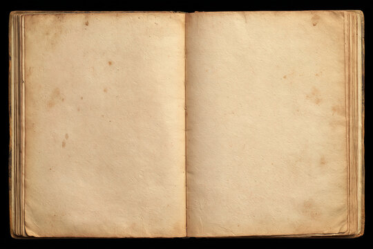 Open antique book with blank aged pages on dark background  