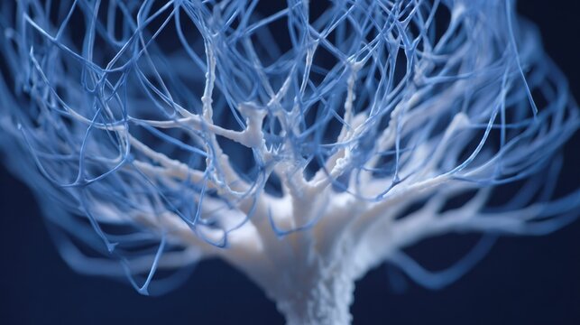 Intricate branching network of white and blue micro-channels within a fluidic system, detailed scientific visualization