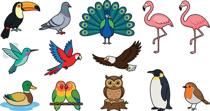 Cute Cartoon Bird Character Collection Featuring Various Species and Wild Avian Types for Nature Stickers, Kids Illustrations, and Creative Wildlife Vector Designs