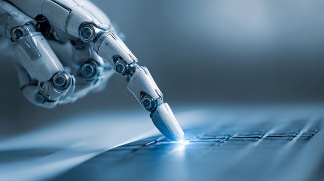 Robotic hand gently touches a glowing keyboard surface, representing advanced technology and future innovation concepts