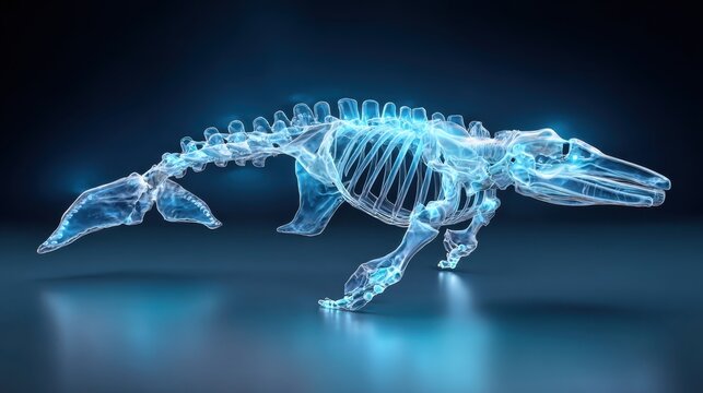 Intricate Holographic Whale Skeleton Anatomy with Glowing Blue Bone Structure