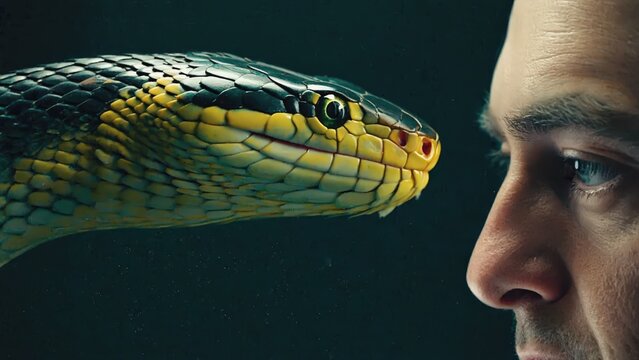Intense Close-Up: Man's Face and a Vibrant Green Snake Facing Each Other, Dramatic Portrait, Wildlife Encounter