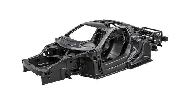 Carbon fiber car chassis, lightweight supercar monocoque frame, automotive engineering structure for performance racing vehicles isolated PNG with Transparent Background