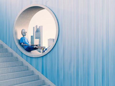 Robot sitting in round window using laptop, 3d rendering