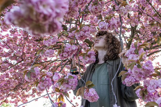 A teenage girl admires a pink cherry blossom tree in spring