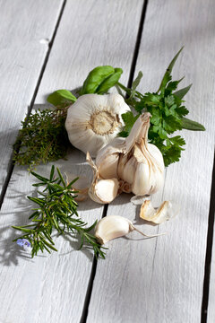 Garlic and herbs, close up