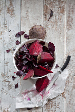 Bowl of beetroots and leaves