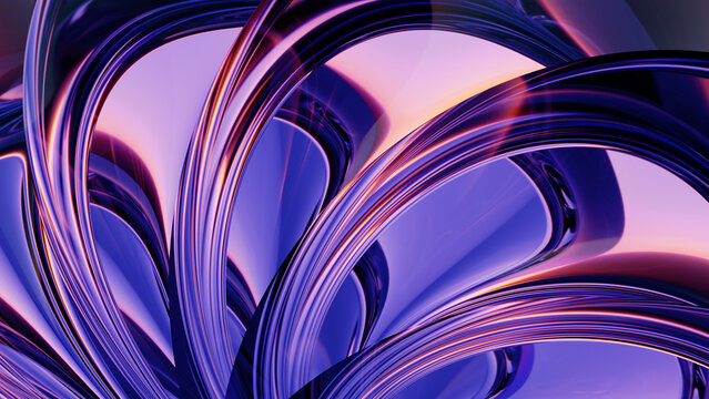 Abstract purple metallic ribbons flow in a futuristic 3d rendering