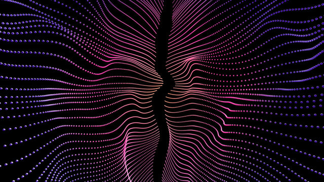 A dark rift divides an abstract 3d rendering of a neon wave