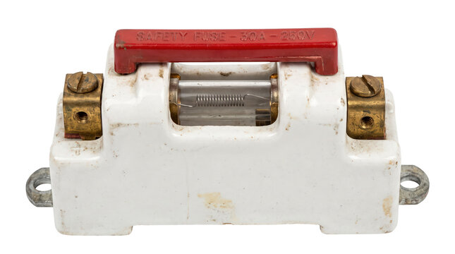 A 250V 15A glass cartridge electrical fuse mounted in a white ceramic fuse holder base with a clear plastic protective cover, isolated on a transparent background.