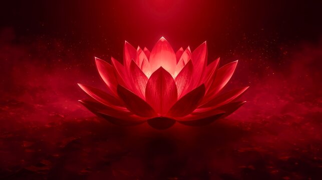 Glowing red lotus blooms in dark water