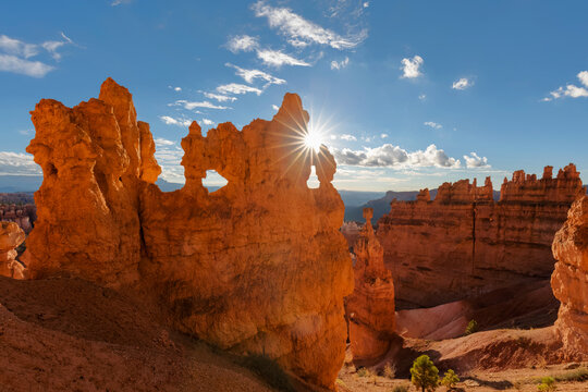USA, Utah, Bryce Canyon National Park, Thors Hammer and other hoodoos in amphitheater at sunrise as seen from Navajo Loop Trail