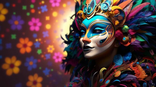 Vibrant, close-up video of a person in colorful, feathered costume and face paint, capturing a festive, artistic atmosphere from a front angle. Live desktop wallpaper.