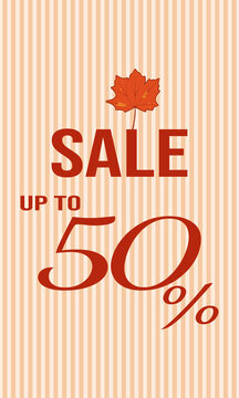 Autumn sale banner with red maple leaf and 50%discount on beige stripped background. Vertical poster. vector illustration.
