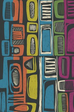 The abstract geometric pattern shows a colorful midcentury design