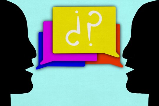 An illustration shows a conversation with a colorful speech bubble